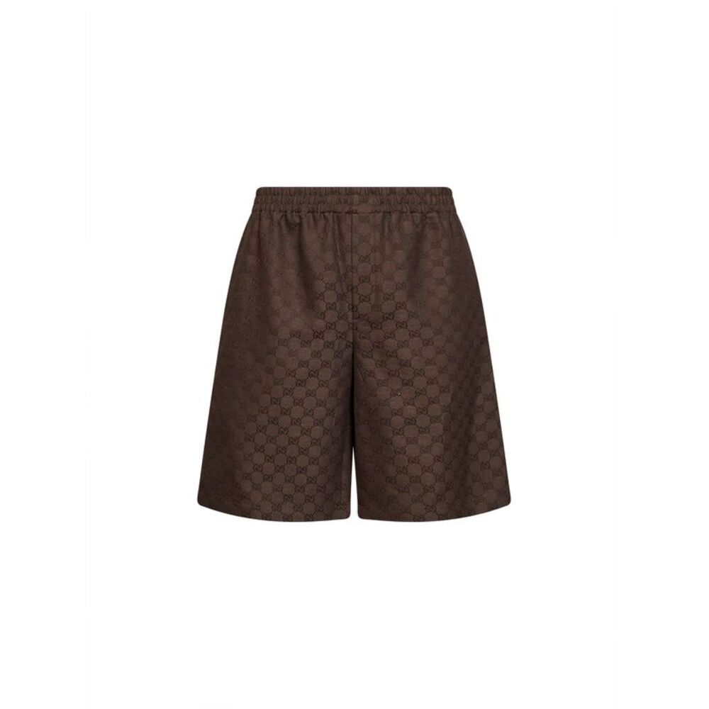 Gucci Men Brown Linen Blend Gg Canvas Shorts